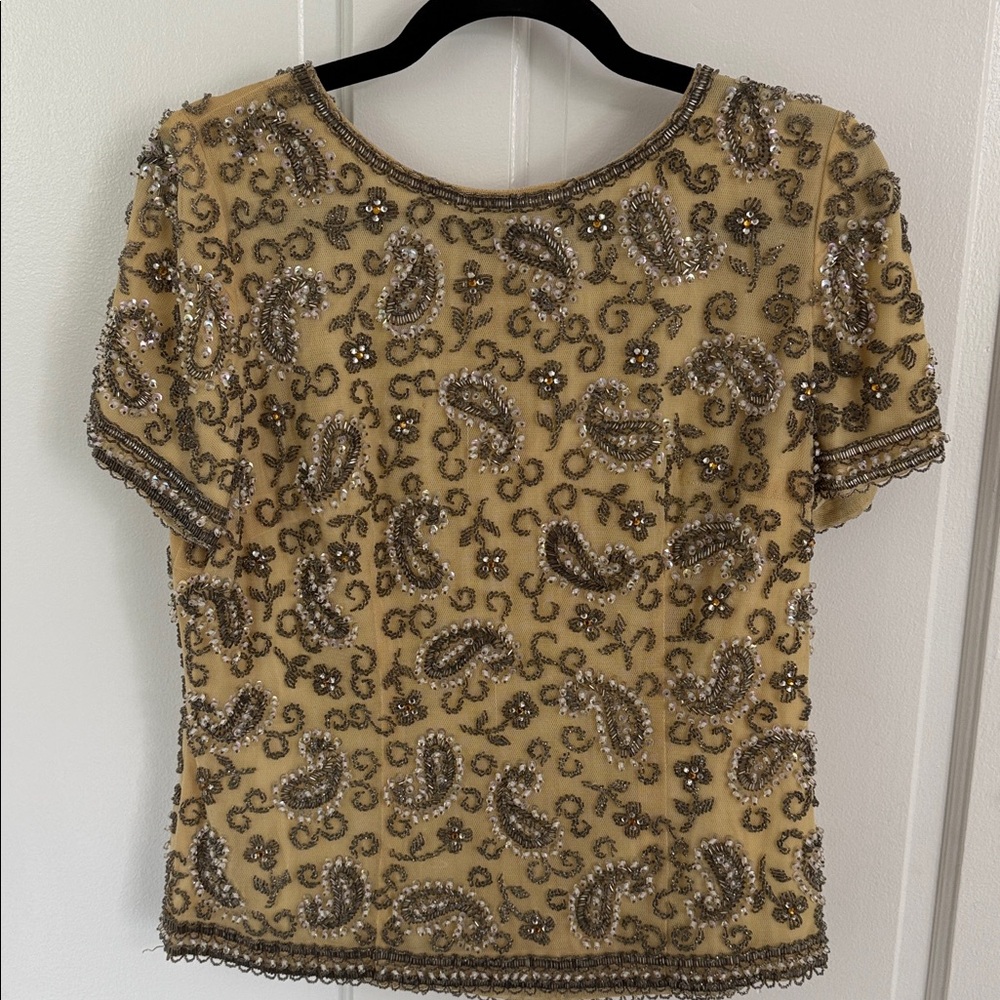 Hand beaded made in Hong Kong Embellished Gold Paisley Top